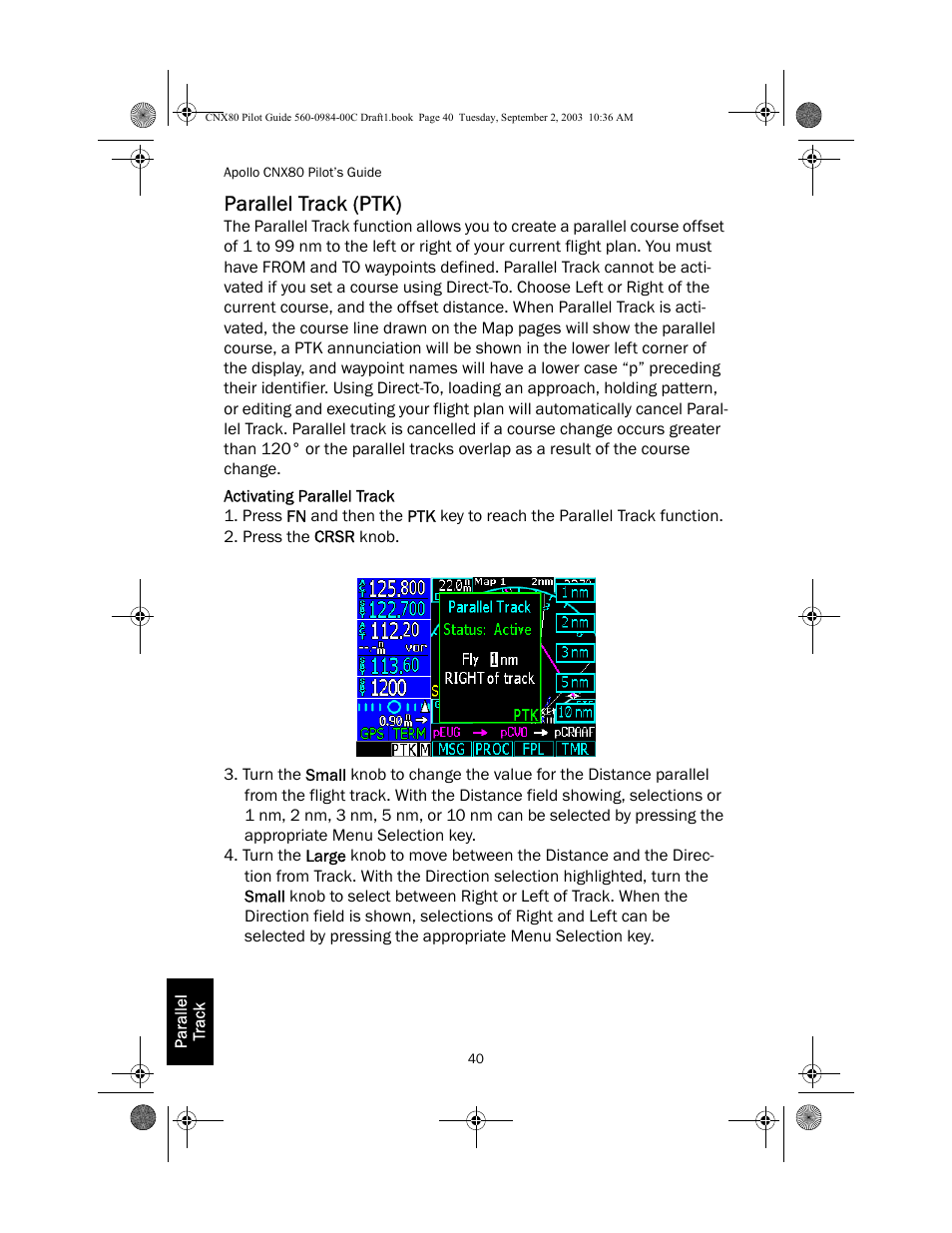 Parallel track (ptk), Activating parallel track | Apollo CNX80 User Manual | Page 44 / 50