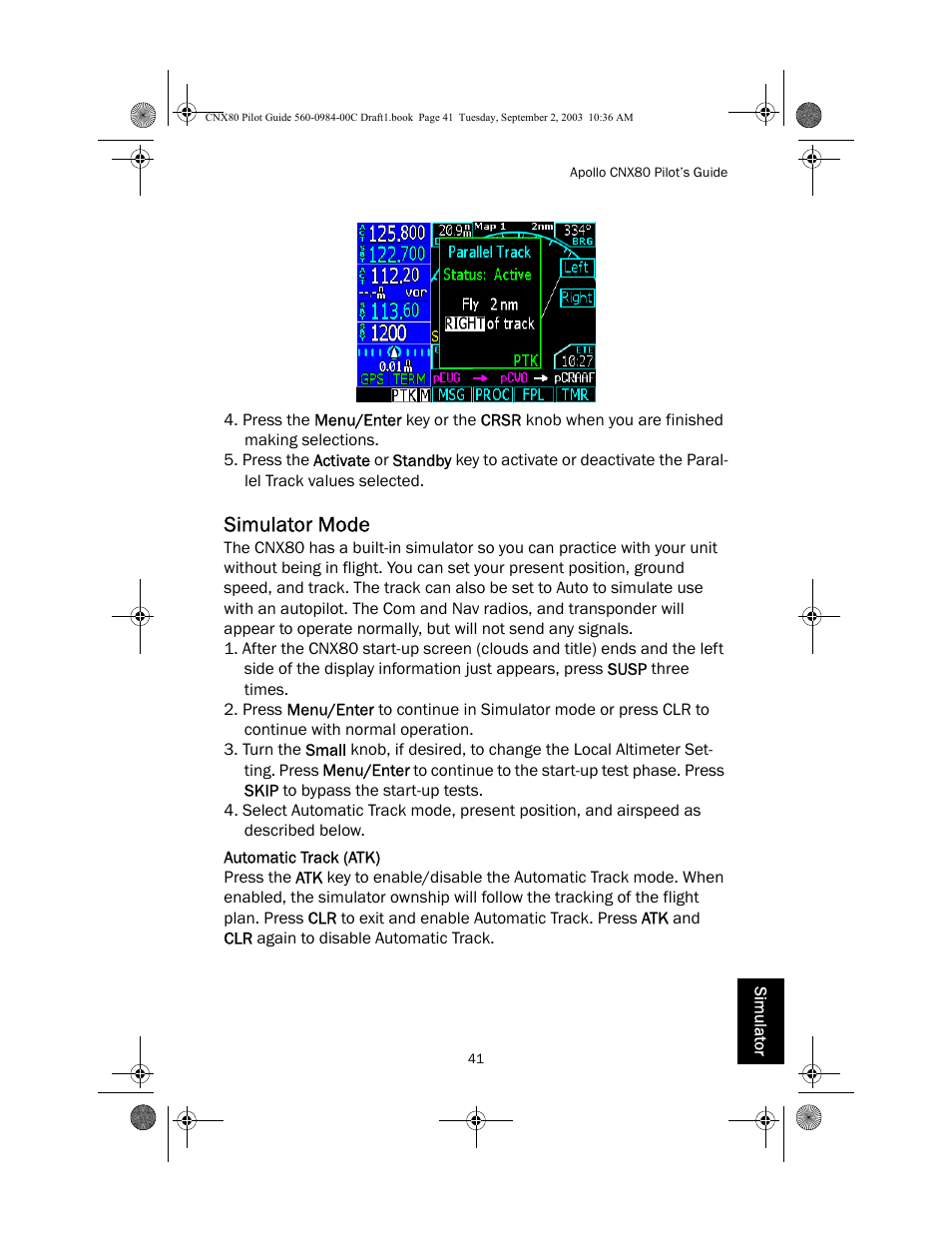 Simulator mode, Automatic track (atk) | Apollo CNX80 User Manual | Page 45 / 50