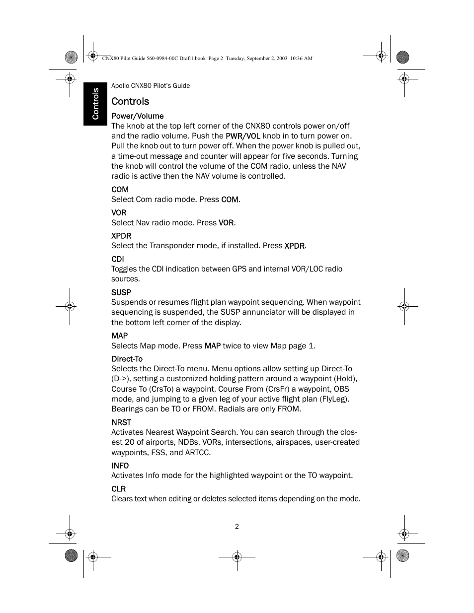 Controls, Power/volume, Xpdr | Susp, Direct-to, Nrst, Info | Apollo CNX80 User Manual | Page 6 / 50