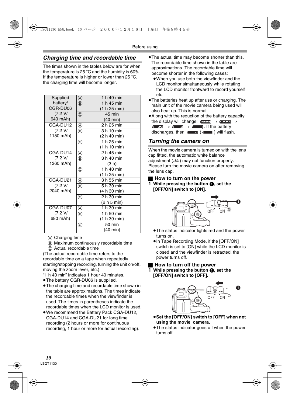 Charging time and recordable time, Turning the camera on | Panasonic NVGS80EP User Manual | Page 10 / 208
