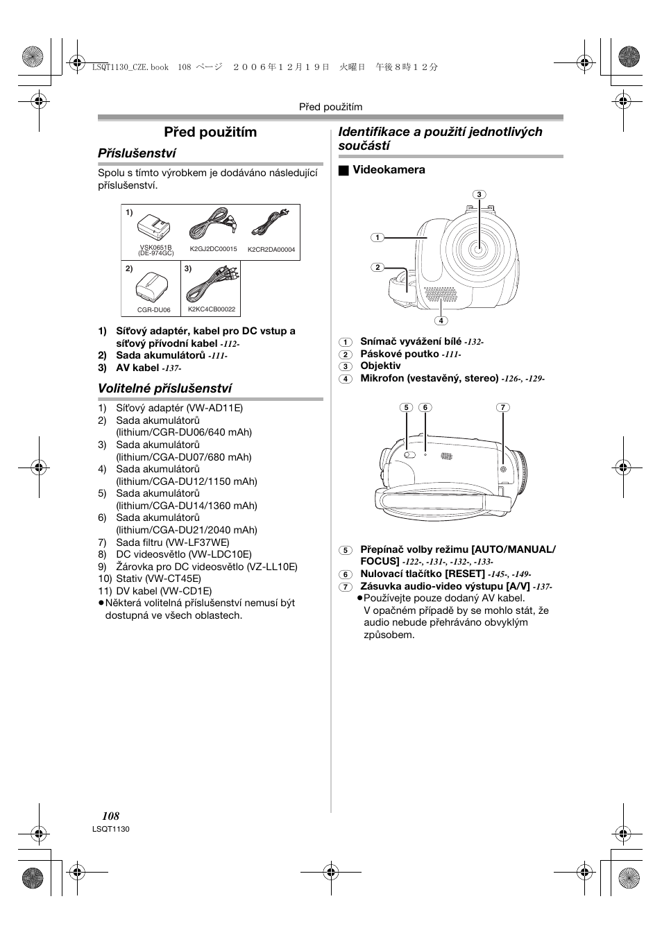 Před použitím, Příslušenství, Volitelné příslušenství | Identifikace a použití jednotlivých součástí | Panasonic NVGS80EP User Manual | Page 108 / 208