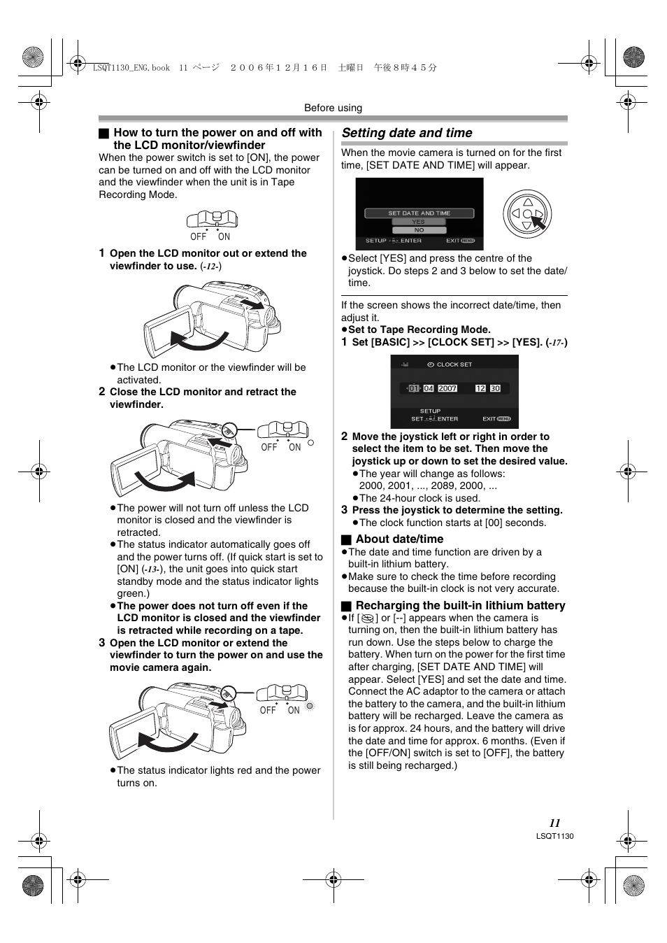 Setting date and time | Panasonic NVGS80EP User Manual | Page 11 / 208