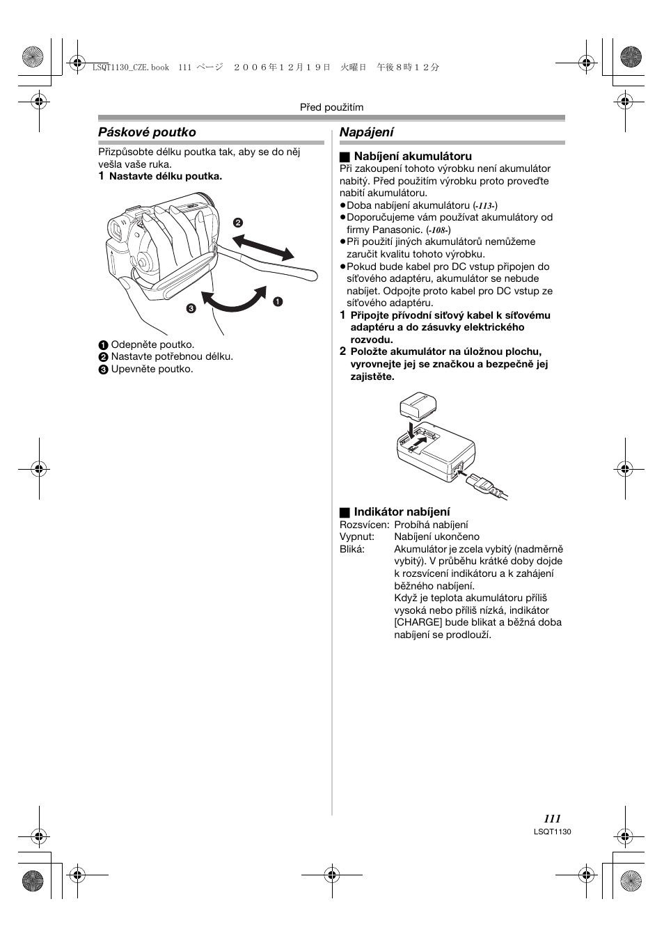 Páskové poutko, Napájení | Panasonic NVGS80EP User Manual | Page 111 / 208