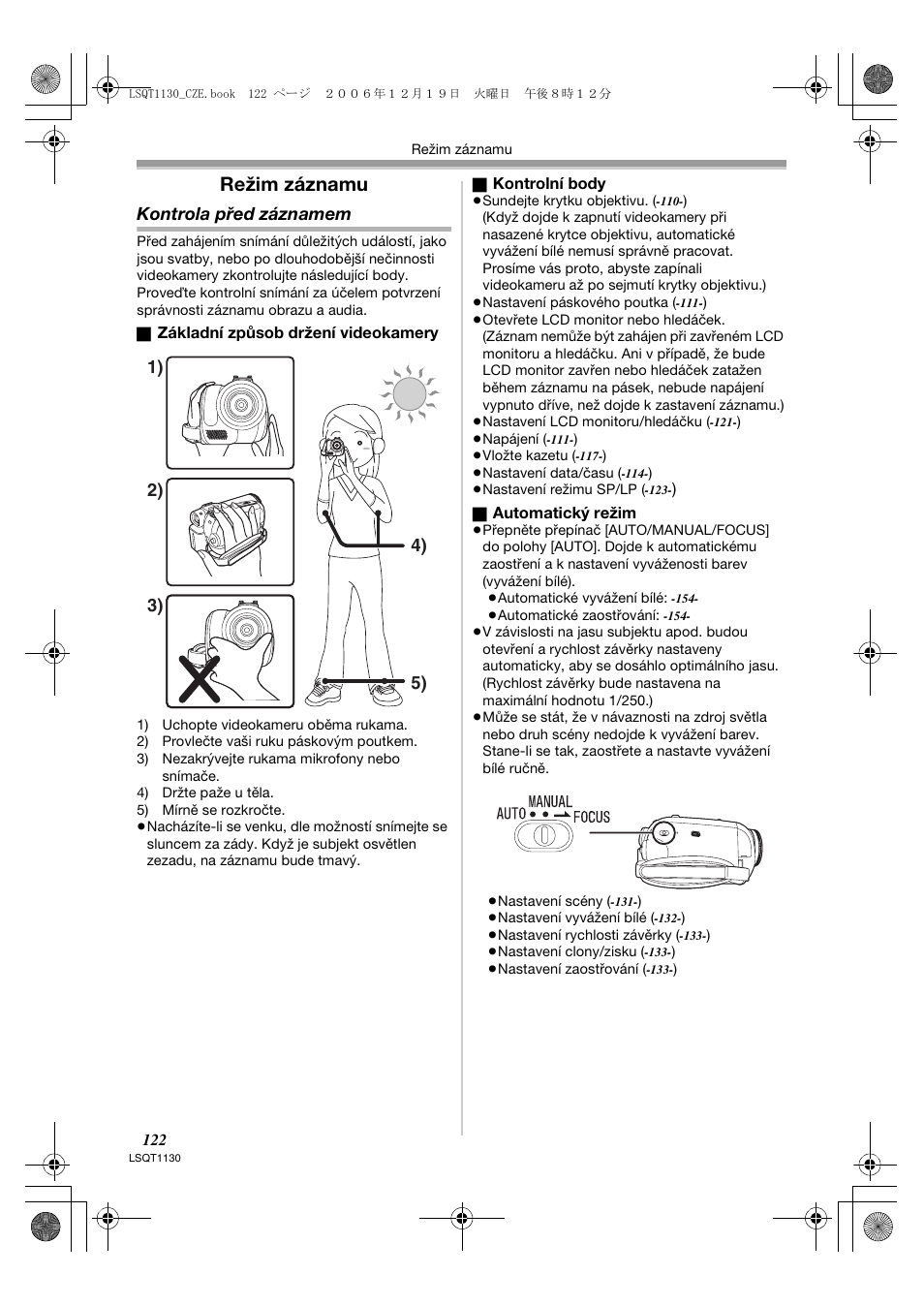 Režim záznamu, Kontrola před záznamem | Panasonic NVGS80EP User Manual | Page 122 / 208