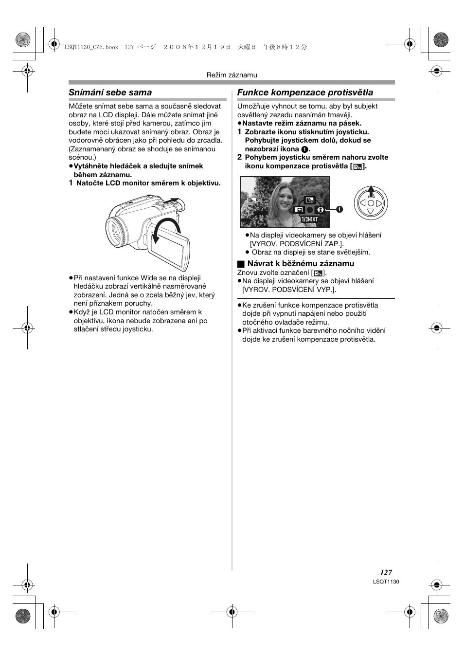 Snímání sebe sama, Funkce kompenzace protisvětla | Panasonic NVGS80EP User Manual | Page 127 / 208