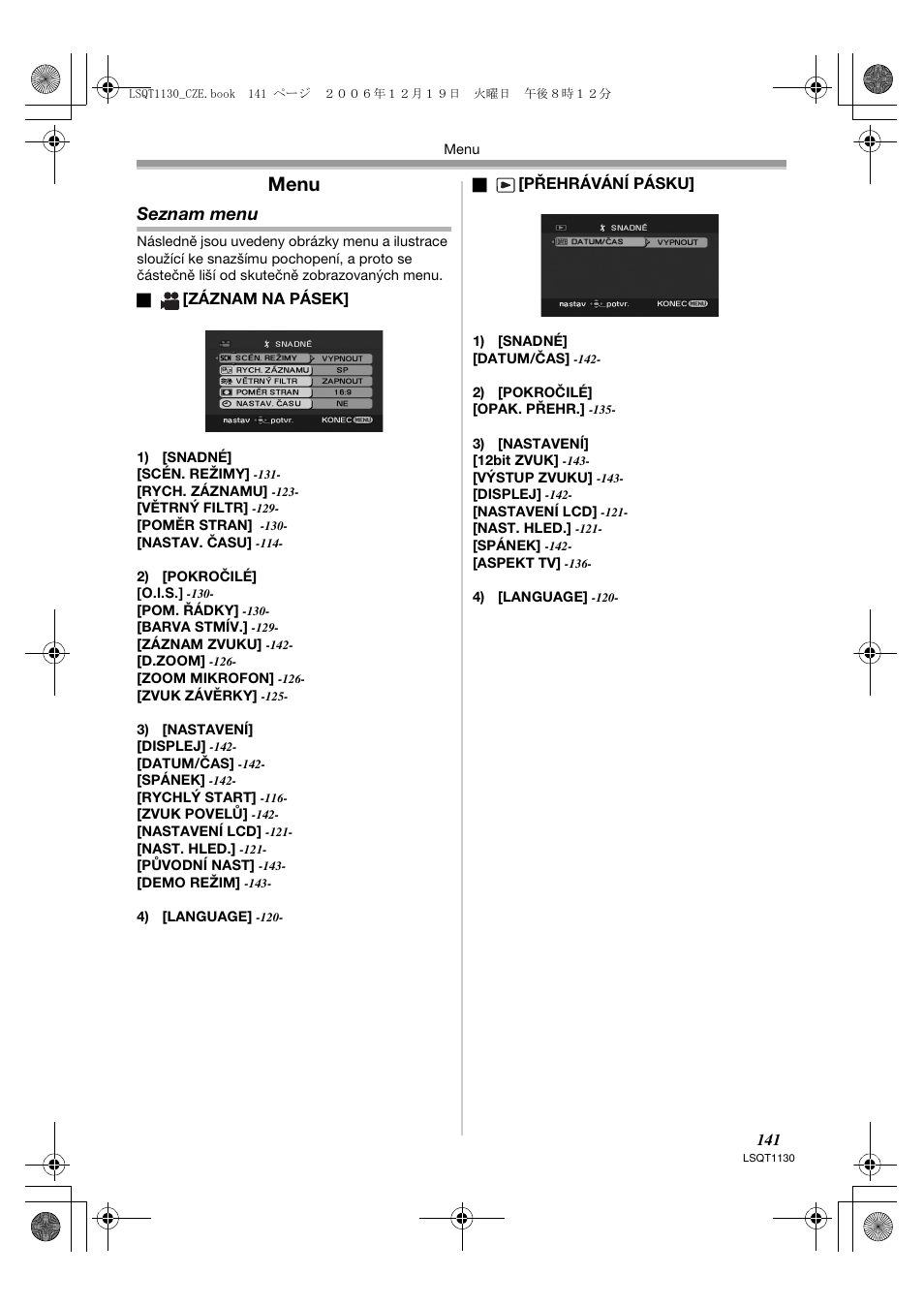 Menu, Seznam menu | Panasonic NVGS80EP User Manual | Page 141 / 208