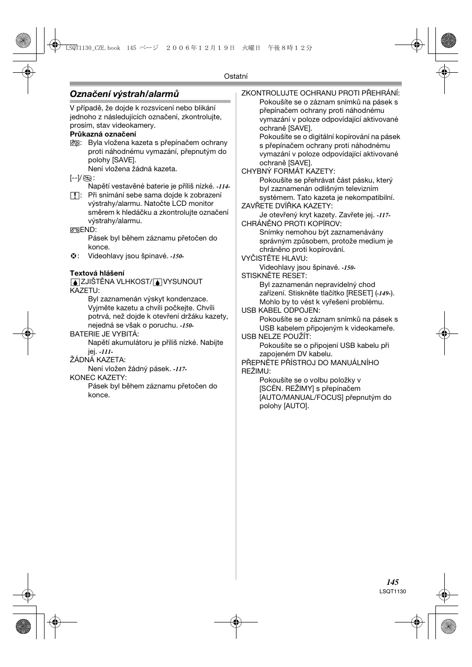 Označení výstrah/alarmů | Panasonic NVGS80EP User Manual | Page 145 / 208