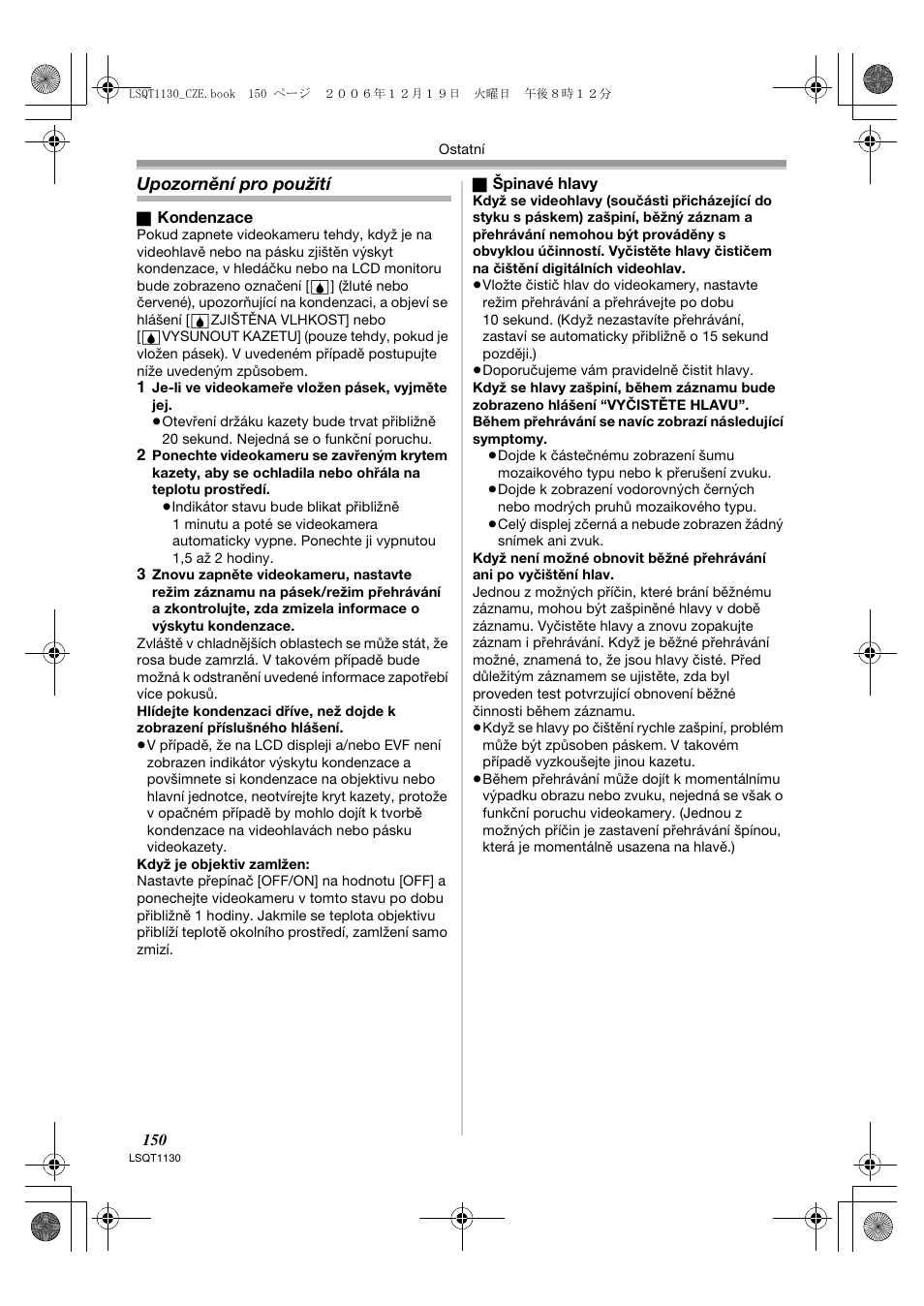 Upozornění pro použití | Panasonic NVGS80EP User Manual | Page 150 / 208