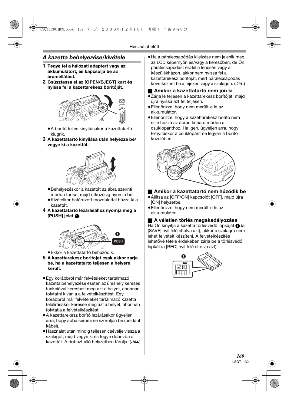 A kazetta behelyezése/kivétele | Panasonic NVGS80EP User Manual | Page 169 / 208
