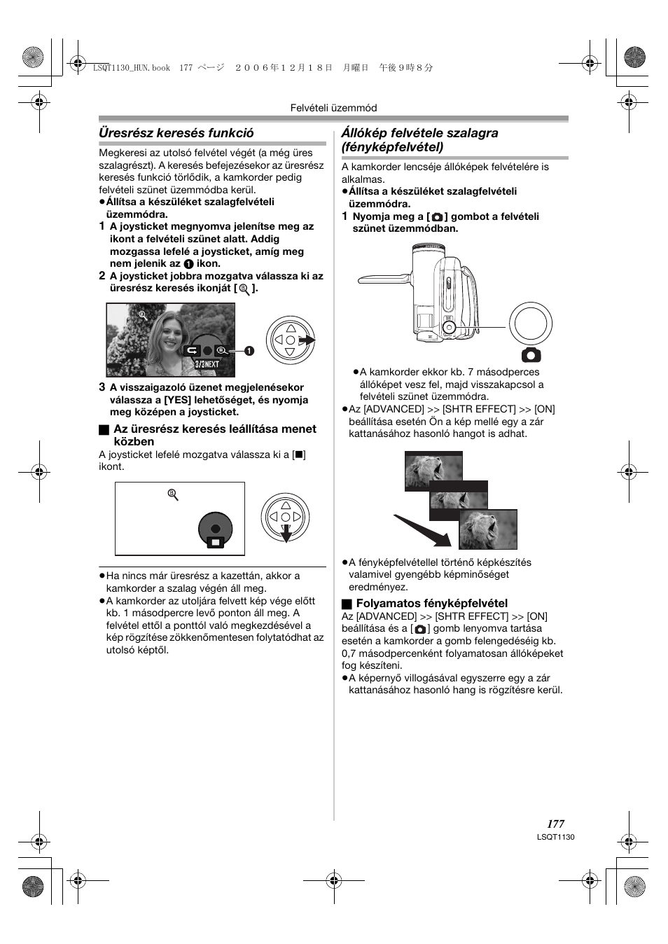 Üresrész keresés funkció, Állókép felvétele szalagra (fényképfelvétel) | Panasonic NVGS80EP User Manual | Page 177 / 208