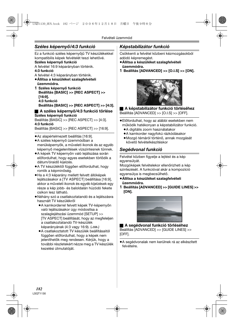 Széles képernyő/4:3 funkció, Képstabilizátor funkció, Segédvonal funkció | Panasonic NVGS80EP User Manual | Page 182 / 208