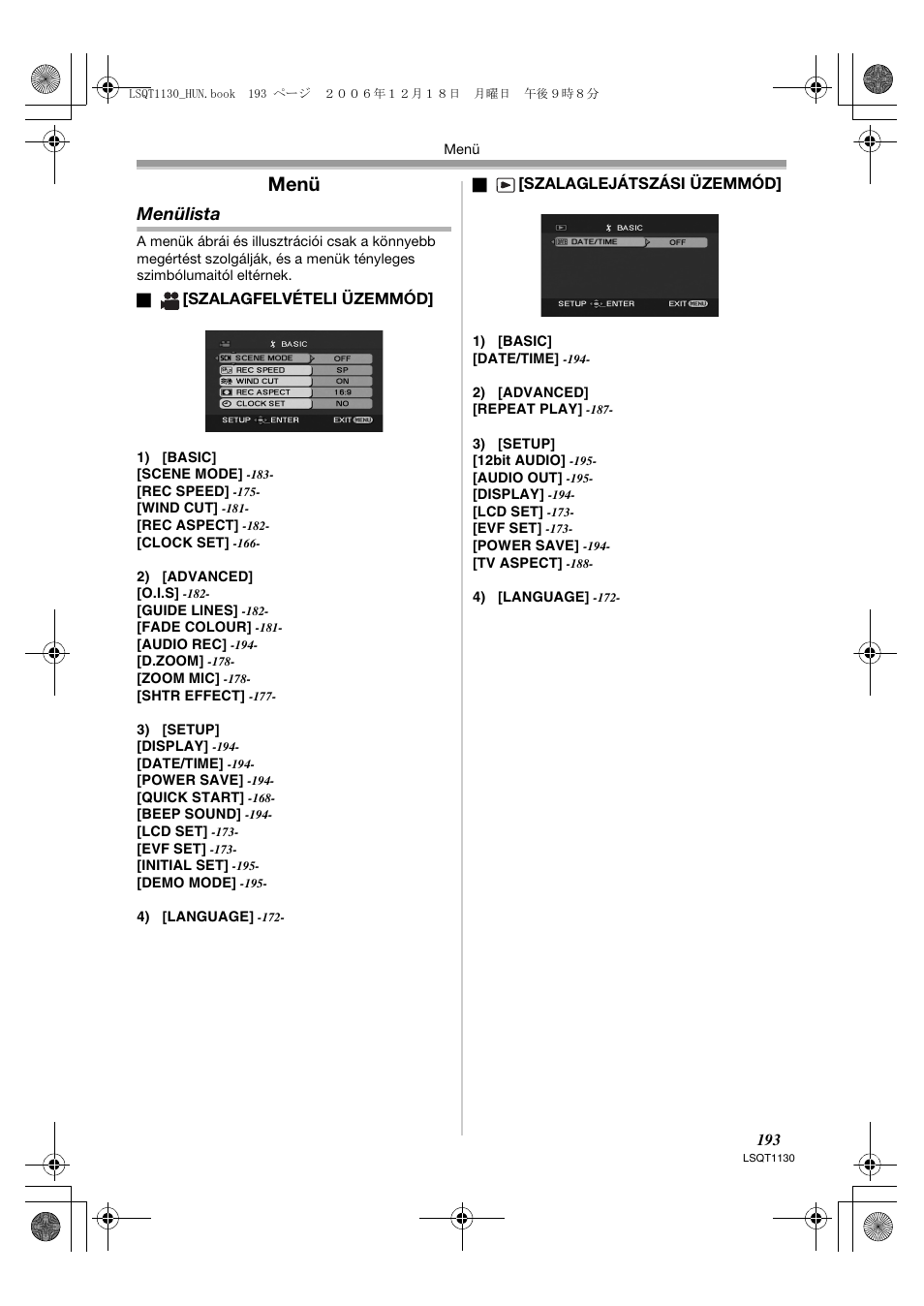 Menü, Menülista | Panasonic NVGS80EP User Manual | Page 193 / 208