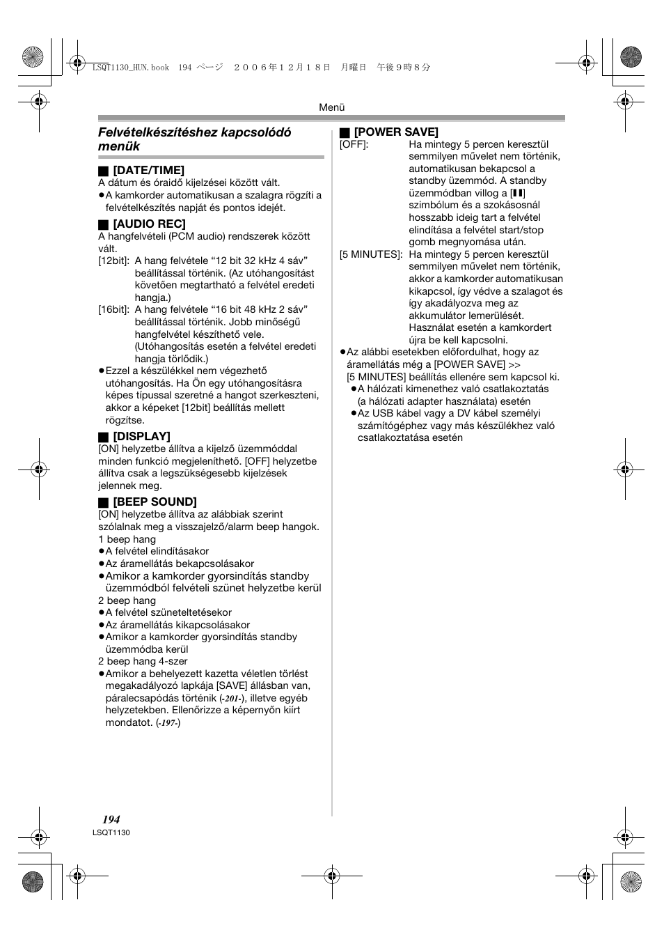 Felvételkészítéshez kapcsolódó menük | Panasonic NVGS80EP User Manual | Page 194 / 208