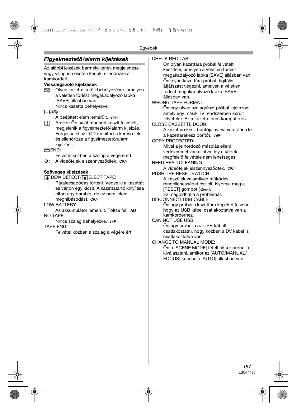 Figyelmeztető/alarm kijelzések | Panasonic NVGS80EP User Manual | Page 197 / 208