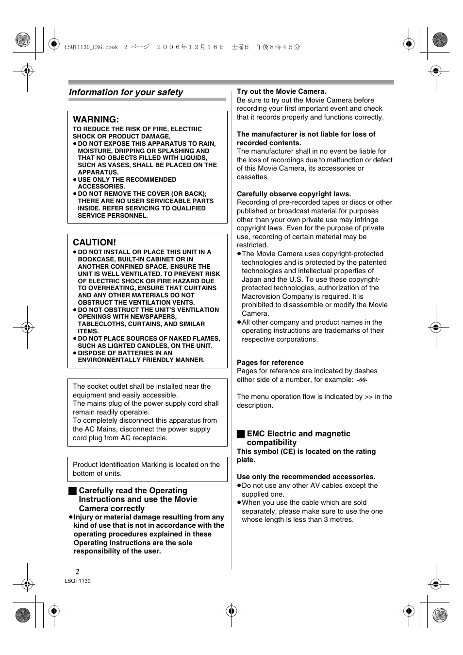Information for your safety, Warning, Caution | Panasonic NVGS80EP User Manual | Page 2 / 208