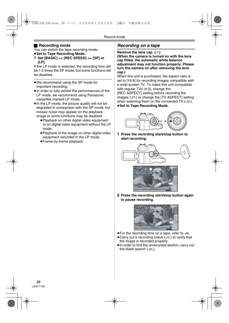 Recording on a tape | Panasonic NVGS80EP User Manual | Page 20 / 208