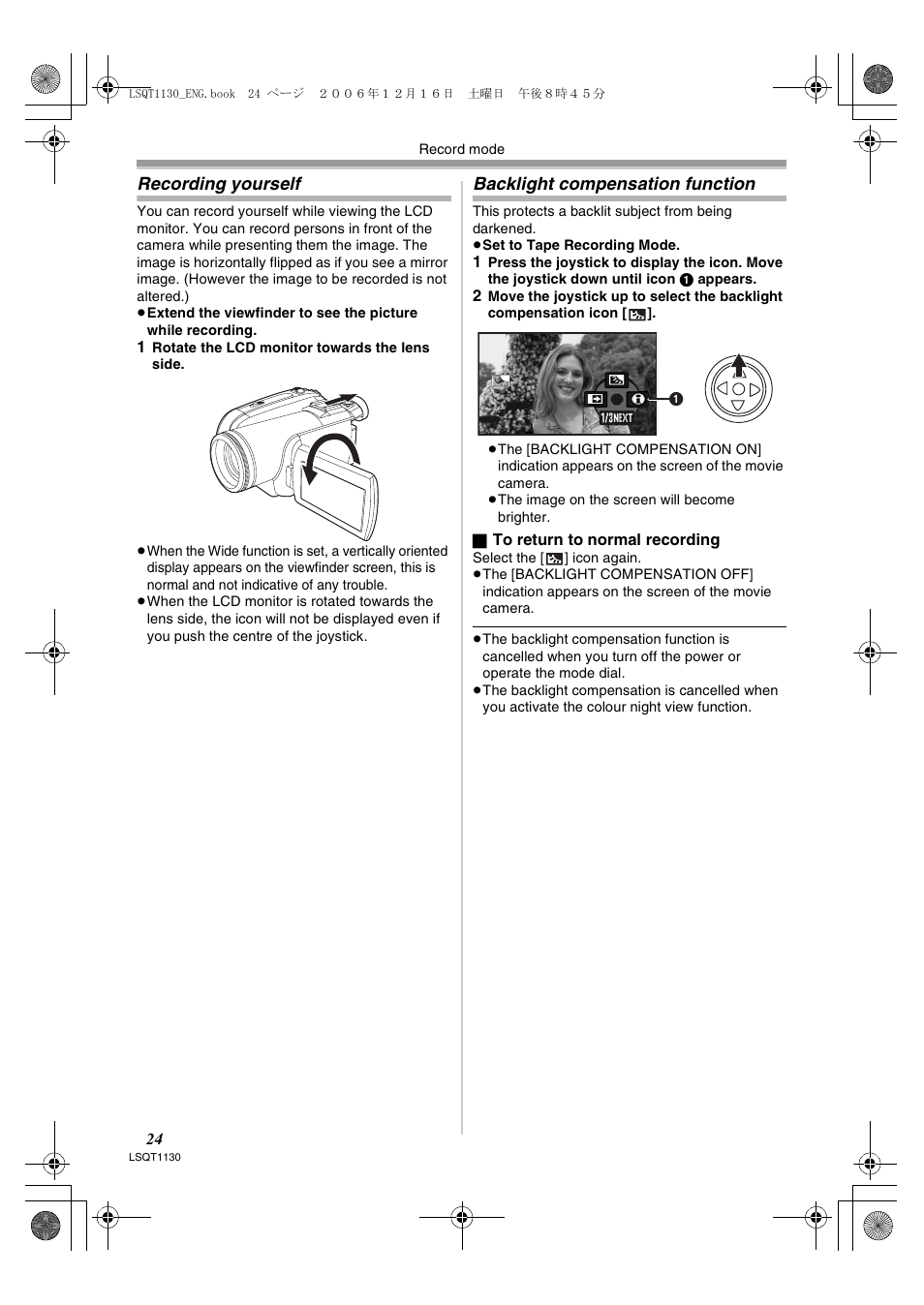 Recording yourself, Backlight compensation function | Panasonic NVGS80EP User Manual | Page 24 / 208