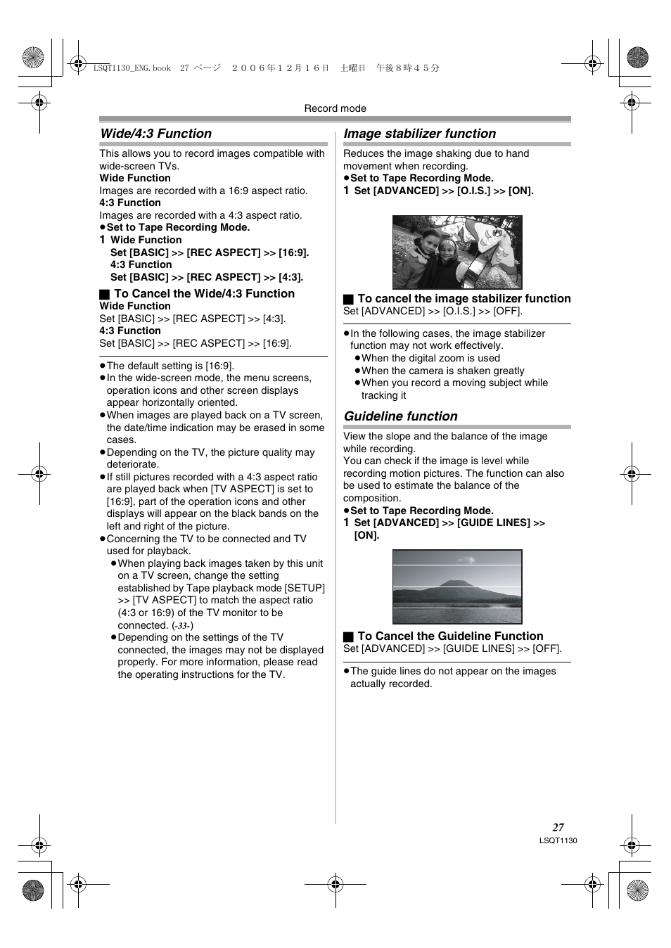 Wide/4:3 function, Image stabilizer function, Guideline function | Panasonic NVGS80EP User Manual | Page 27 / 208