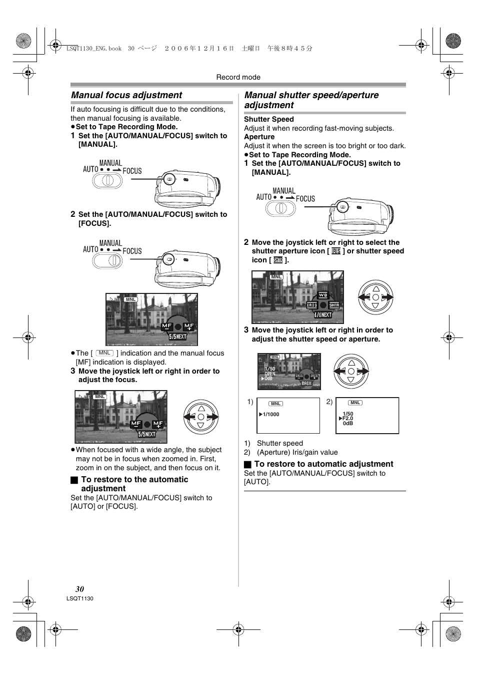 Manual focus adjustment, Manual shutter speed/aperture adjustment | Panasonic NVGS80EP User Manual | Page 30 / 208