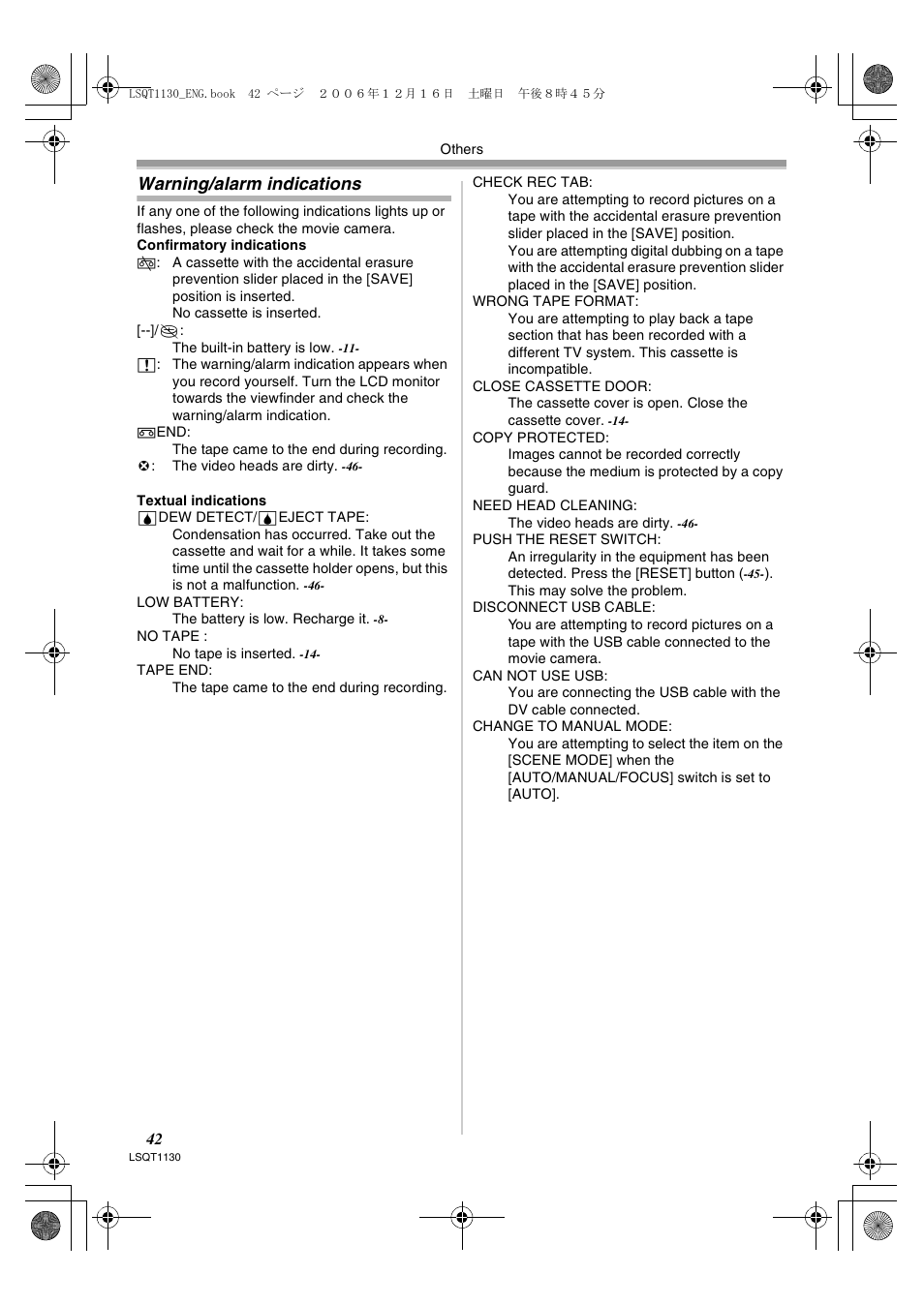 Warning/alarm indications | Panasonic NVGS80EP User Manual | Page 42 / 208