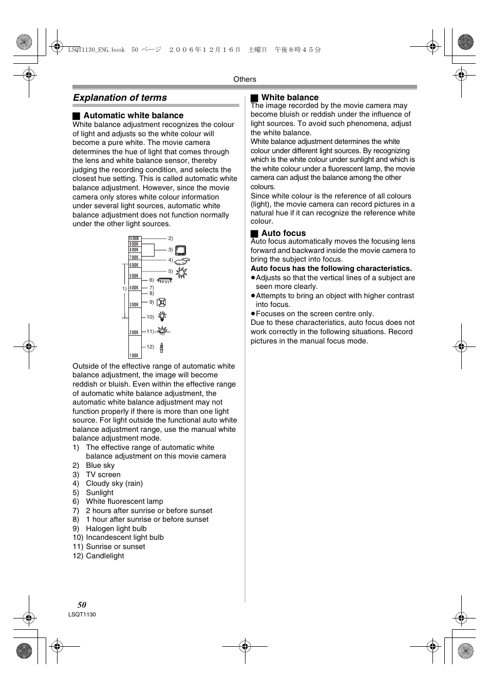 Explanation of terms, Automatic white balance, White balance | Auto focus | Panasonic NVGS80EP User Manual | Page 50 / 208