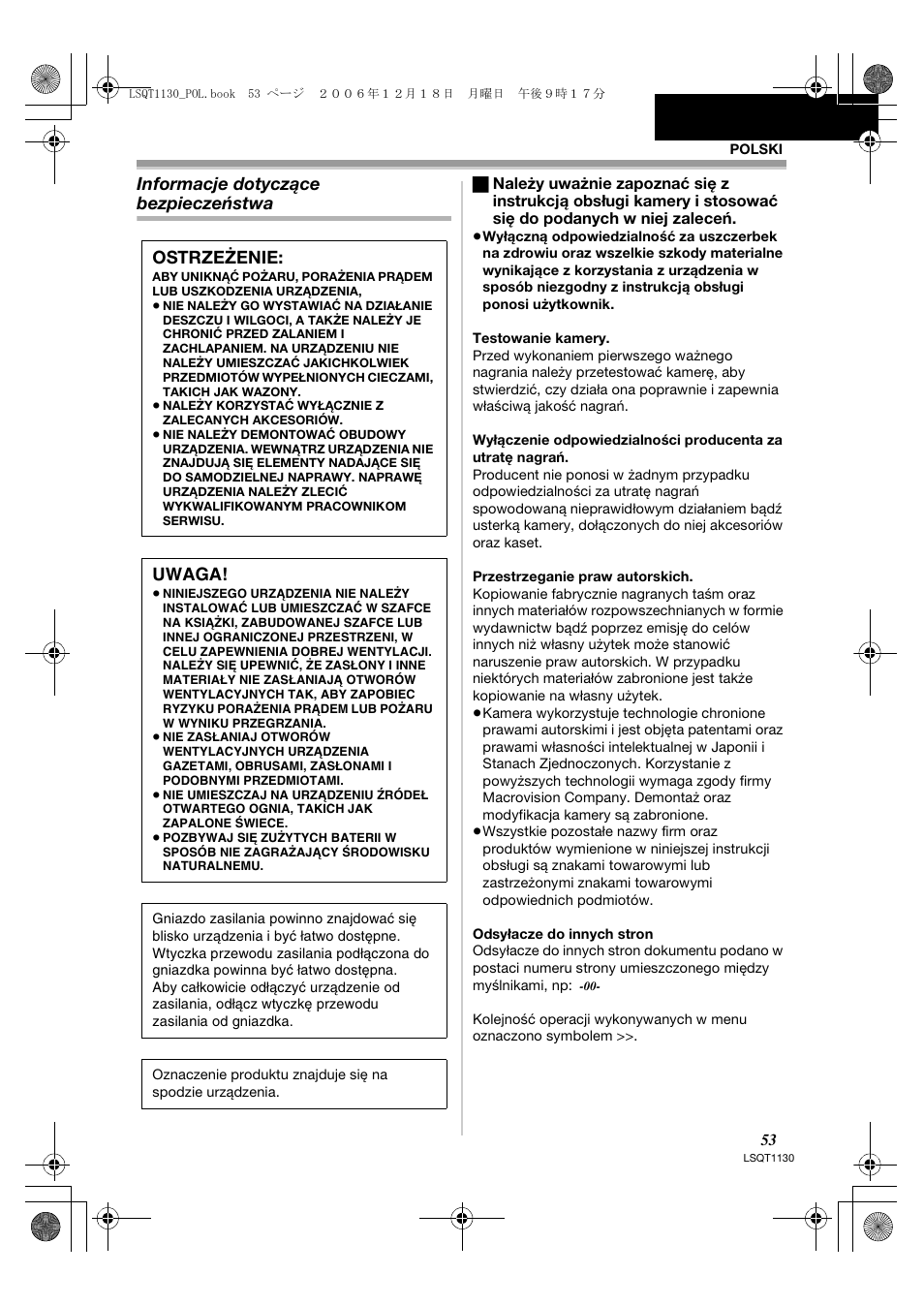 Informacje dotyczące bezpieczeństwa, Ostrzeżenie, Uwaga | Panasonic NVGS80EP User Manual | Page 53 / 208