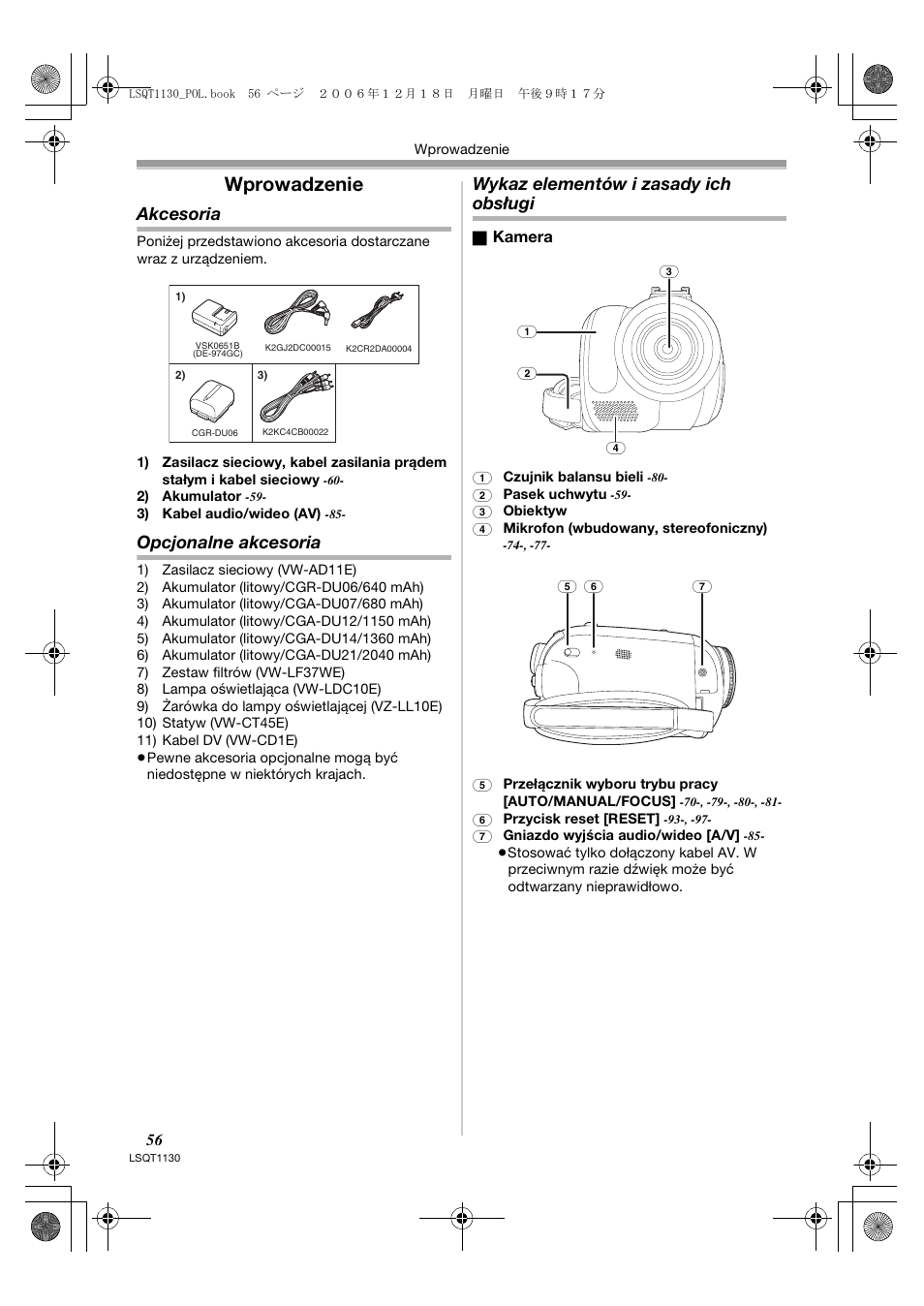 Wprowadzenie, Akcesoria, Opcjonalne akcesoria | Wykaz elementów i zasady ich obsługi | Panasonic NVGS80EP User Manual | Page 56 / 208