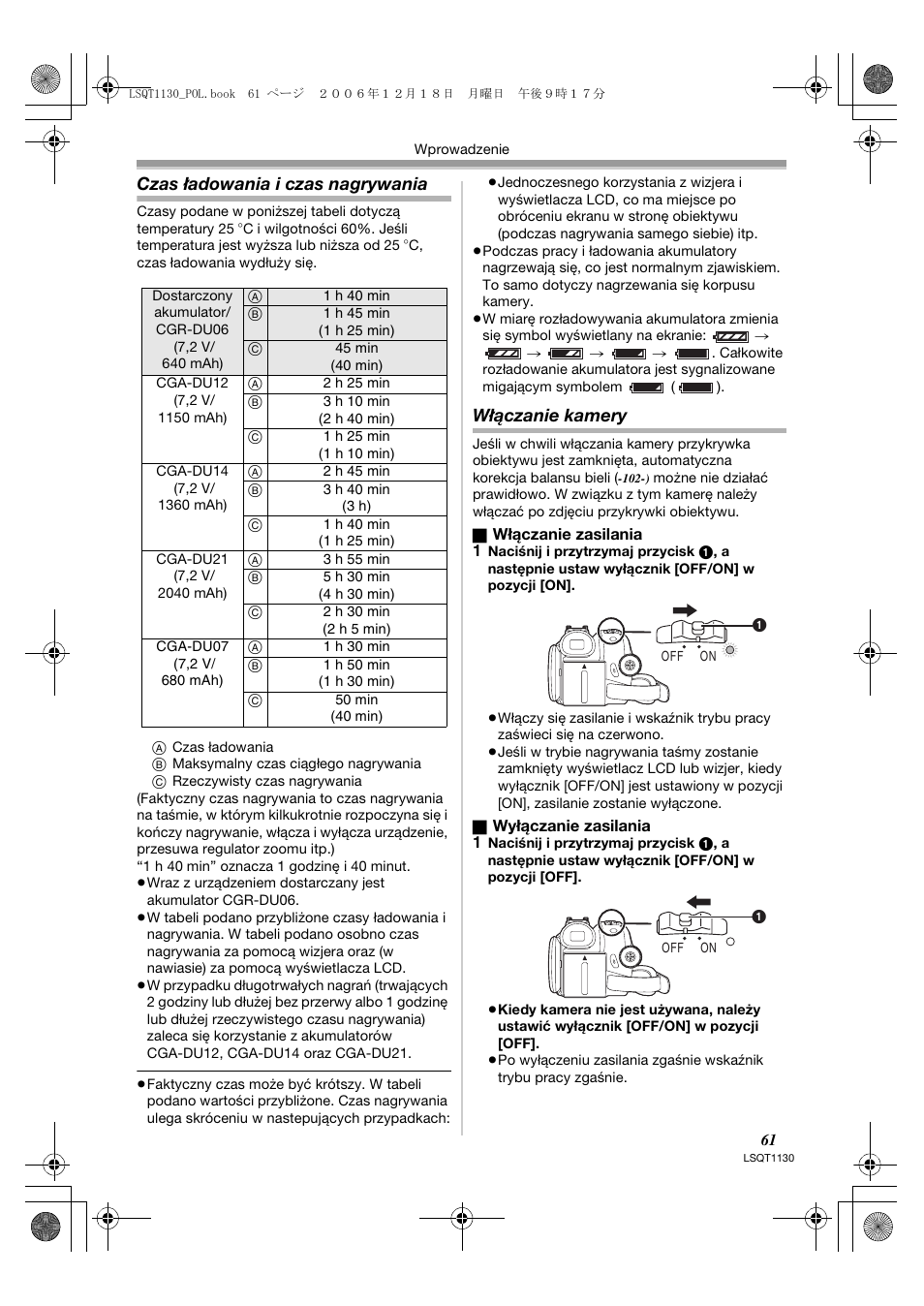 Czas ładowania i czas nagrywania, Włączanie kamery | Panasonic NVGS80EP User Manual | Page 61 / 208