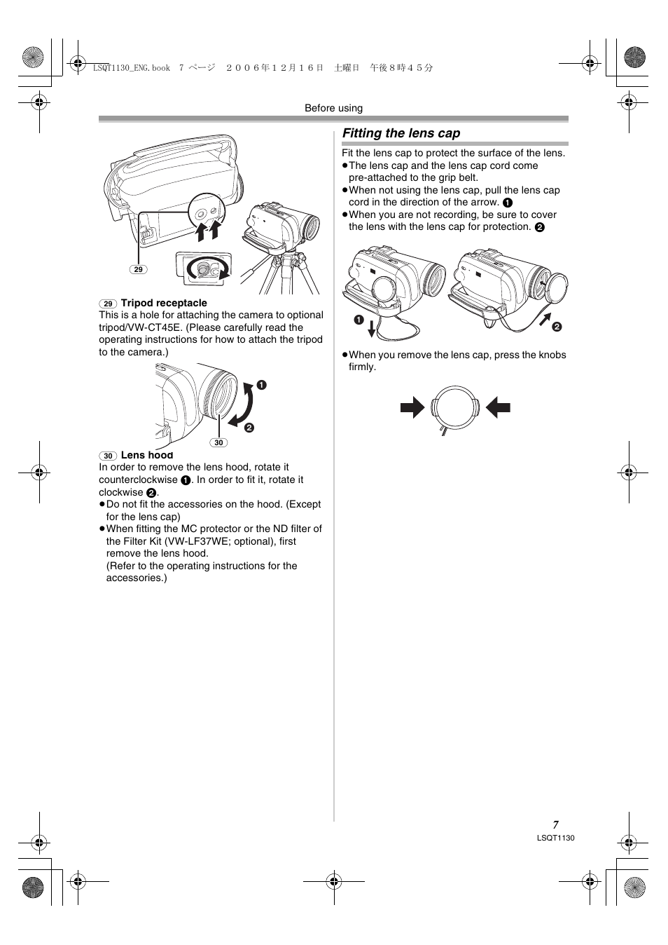 Fitting the lens cap | Panasonic NVGS80EP User Manual | Page 7 / 208