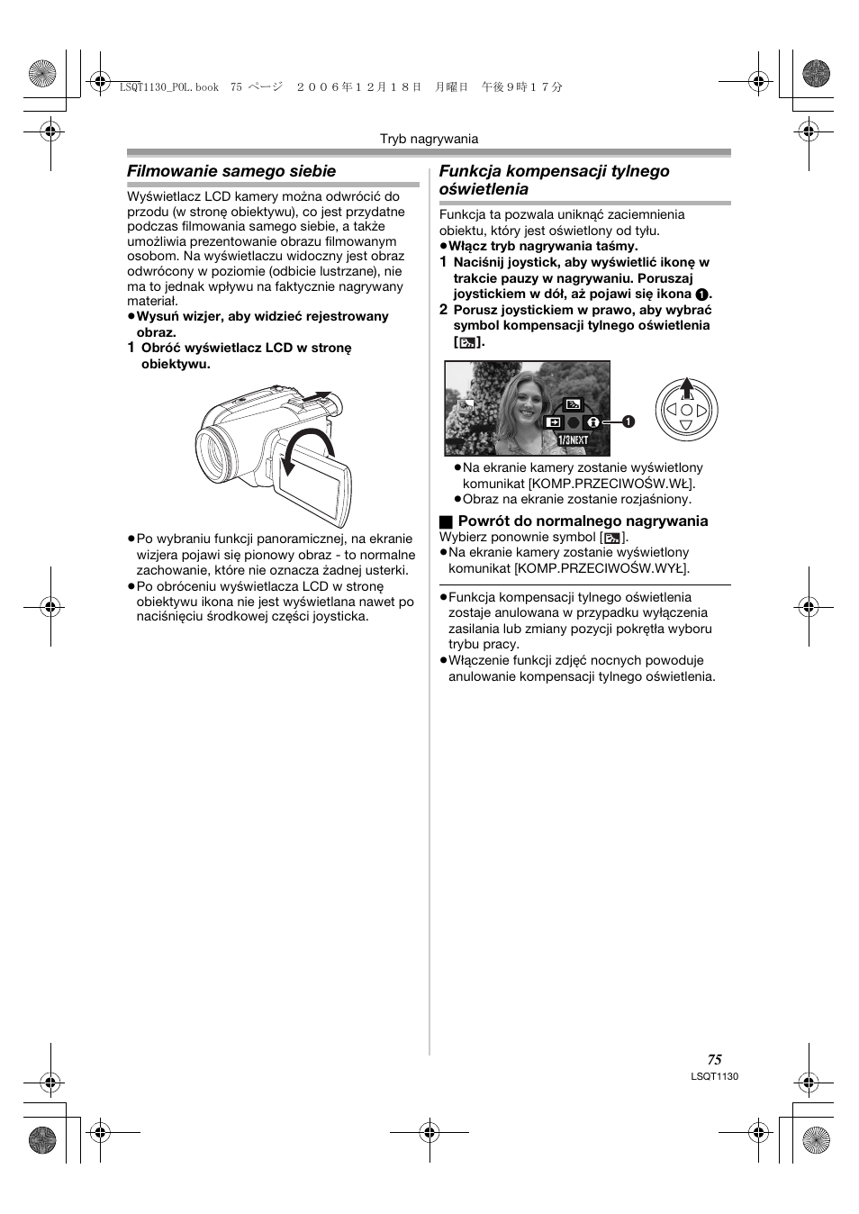 Filmowanie samego siebie, Funkcja kompensacji tylnego oświetlenia | Panasonic NVGS80EP User Manual | Page 75 / 208