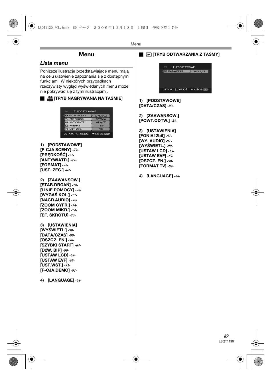 Menu, Lista menu | Panasonic NVGS80EP User Manual | Page 89 / 208