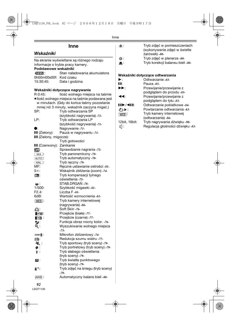 Inne, Wskaźniki | Panasonic NVGS80EP User Manual | Page 92 / 208