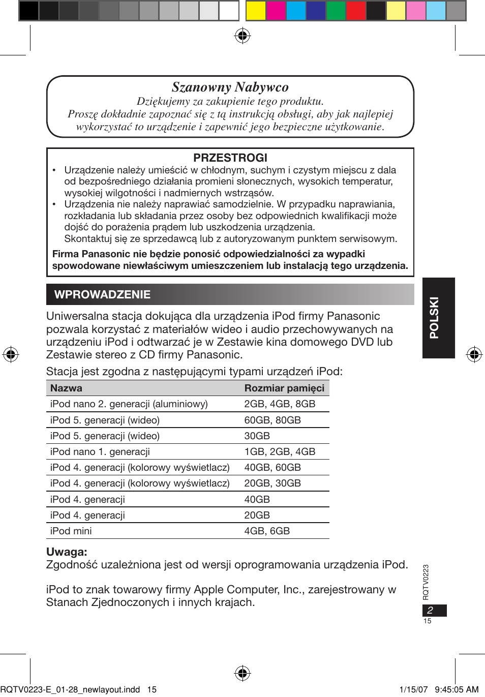 Szanowny nabywco | Panasonic SHPD10 User Manual | Page 15 / 28