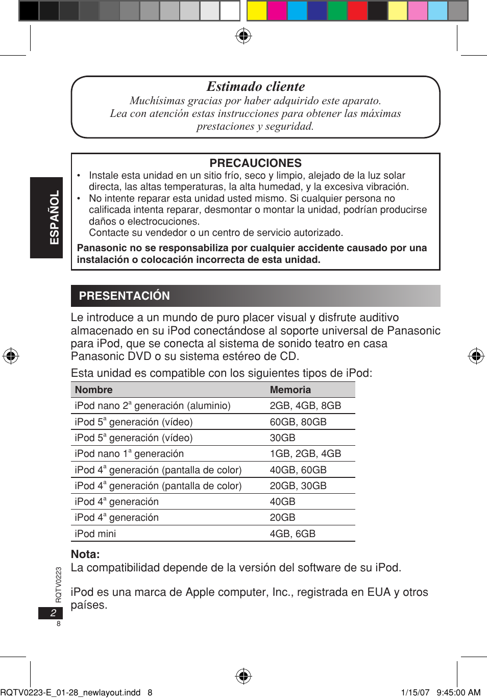 Estimado cliente, Español | Panasonic SHPD10 User Manual | Page 8 / 28