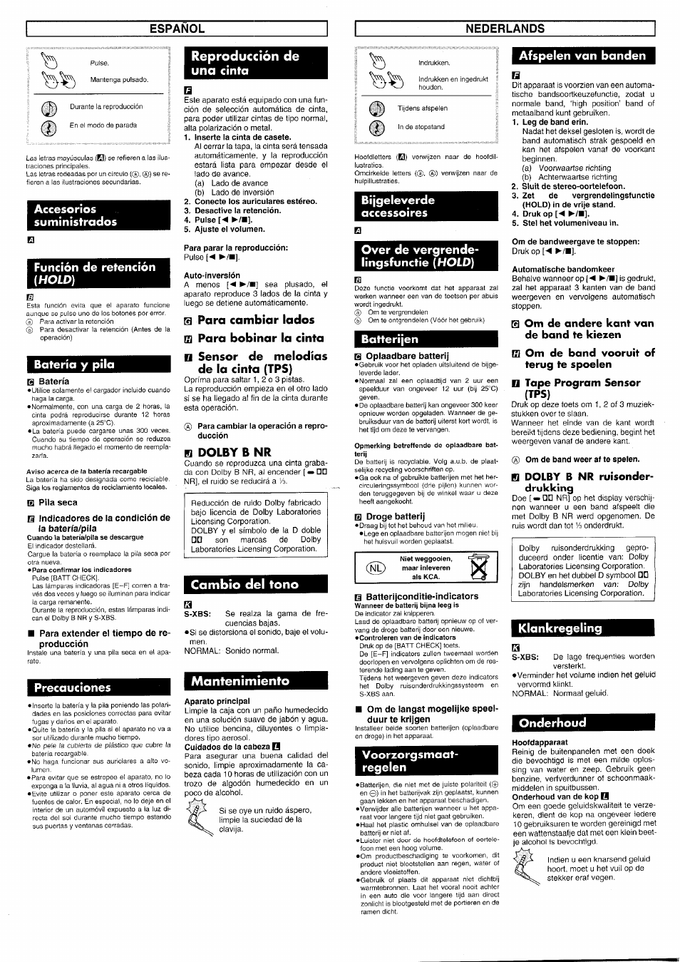 Español, Nederlands, Accesorios | Suministrados, Función de retención (hold), Botería y pila, E batería, В pila seca, Precauciones, Reproducción de una cinta | Panasonic RQSX30 User Manual | Page 3 / 8