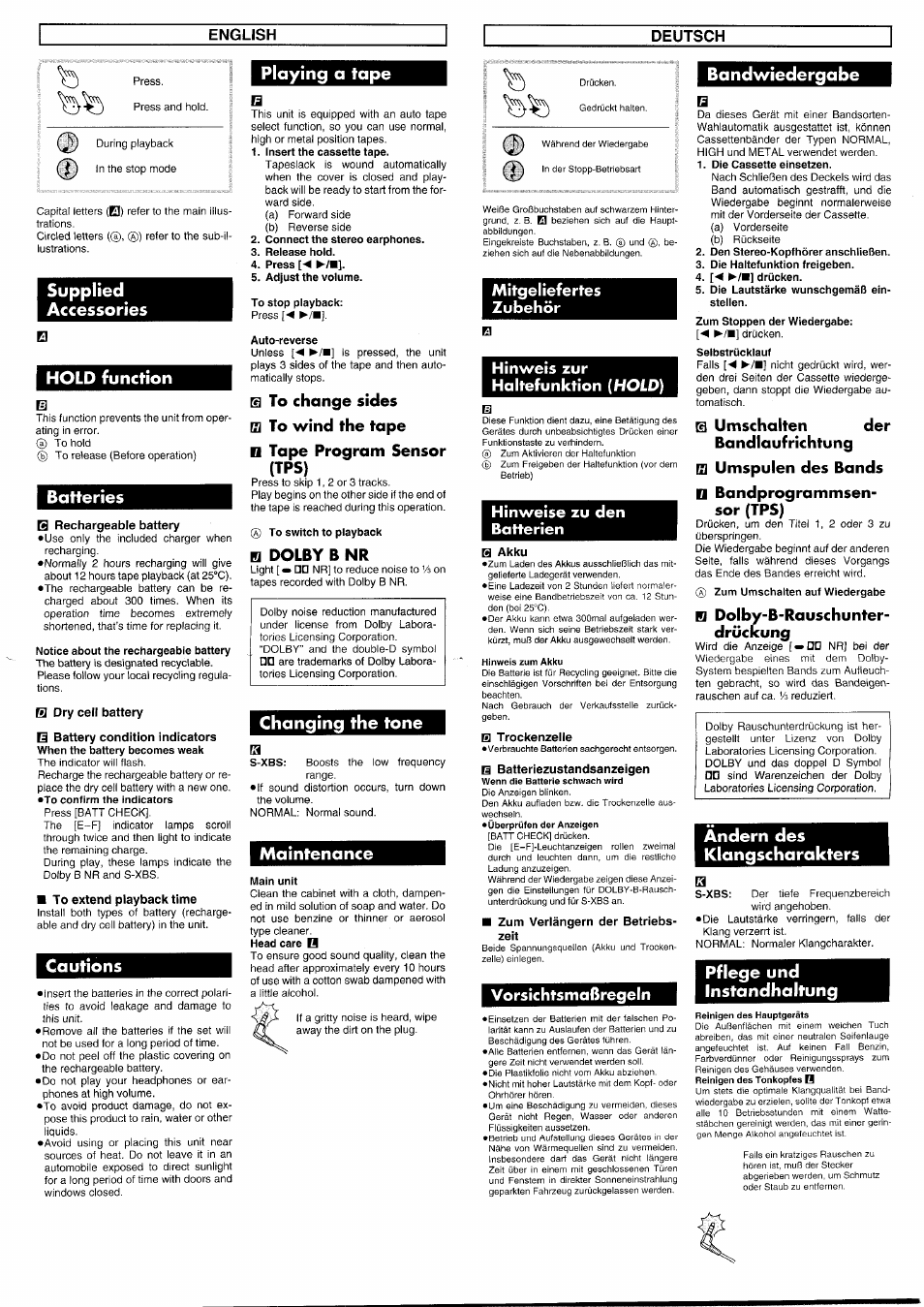 Supplied, Accessories, Hold function | Ploying a tope, Batteries, E rechargeable battery, E dry cell battery, Ш to extend playback time, Cautions, В akku | Panasonic RQSX30 User Manual | Page 5 / 8