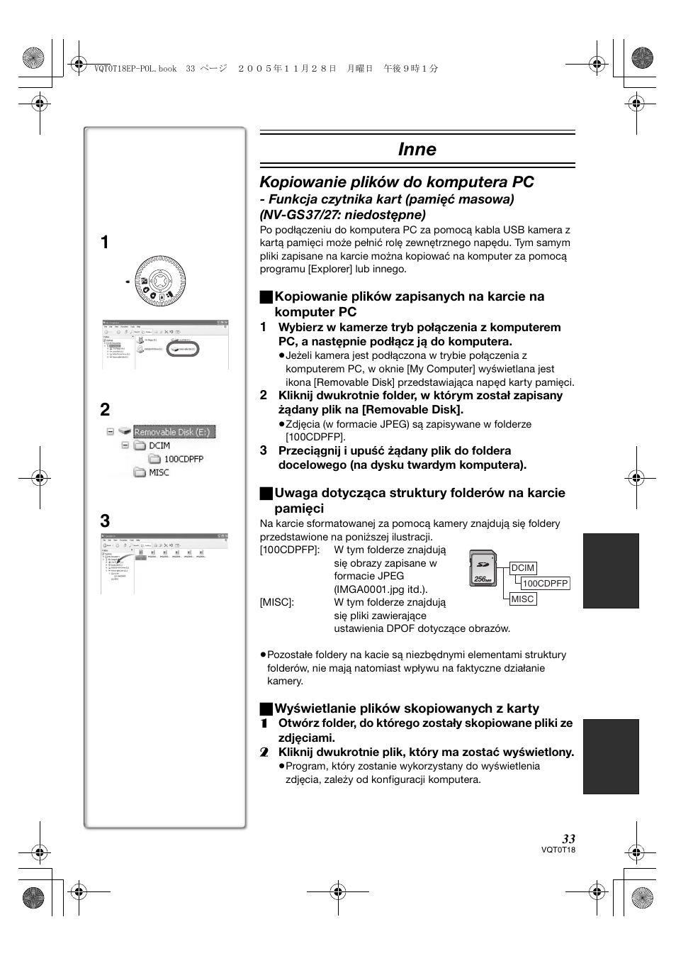 Inne, Kopiowanie plików do komputera pc | Panasonic NVGS280 User Manual | Page 33 / 76