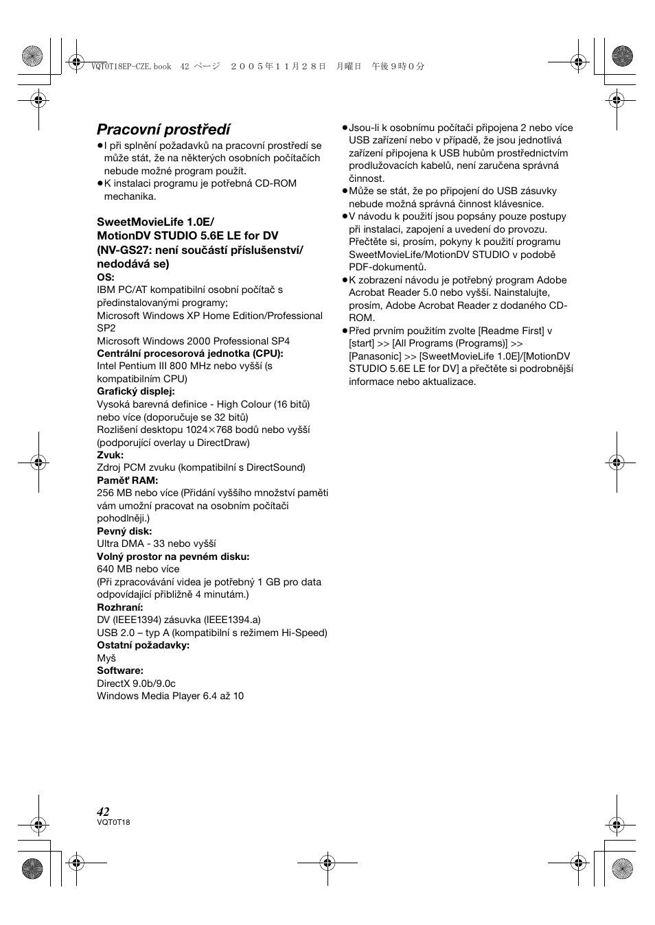 Pracovní prostředí | Panasonic NVGS280 User Manual | Page 42 / 76