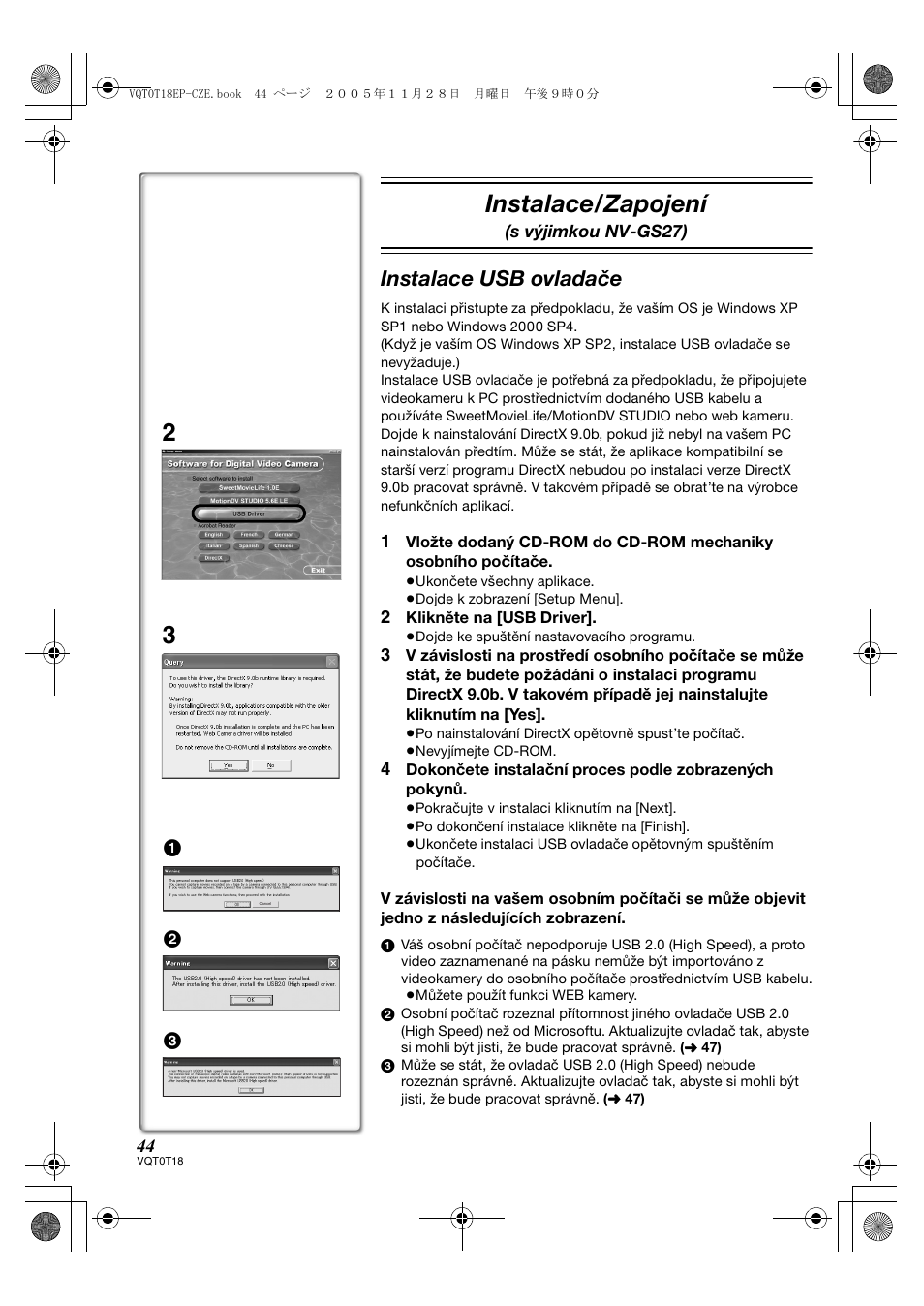 Instalace/zapojení, Instalace usb ovladače | Panasonic NVGS280 User Manual | Page 44 / 76