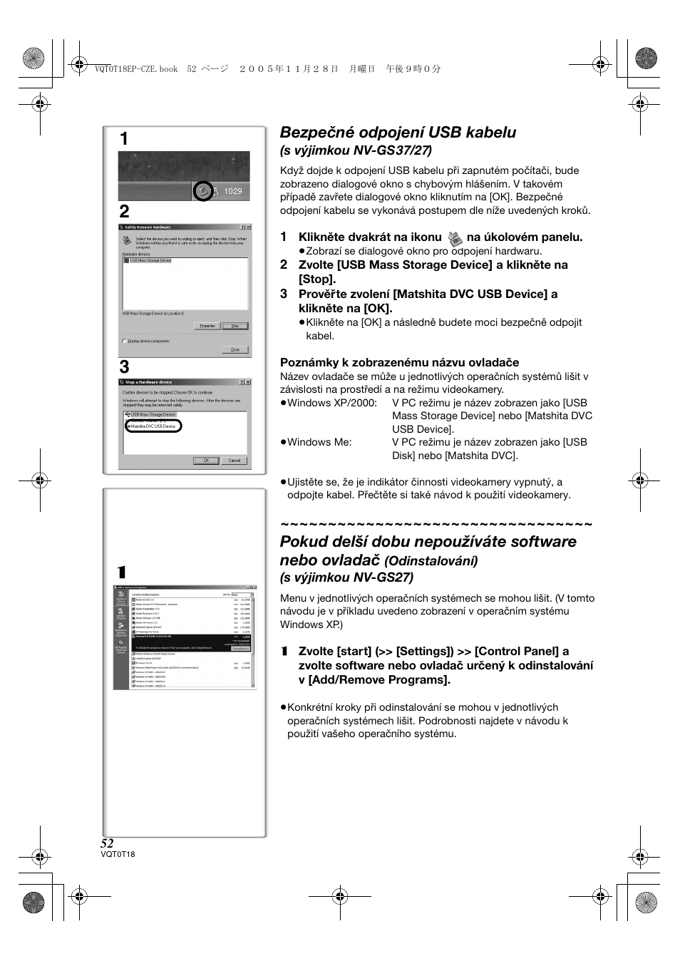 Bezpečné odpojení usb kabelu, Pokud delší dobu nepoužíváte software nebo ovladač | Panasonic NVGS280 User Manual | Page 52 / 76