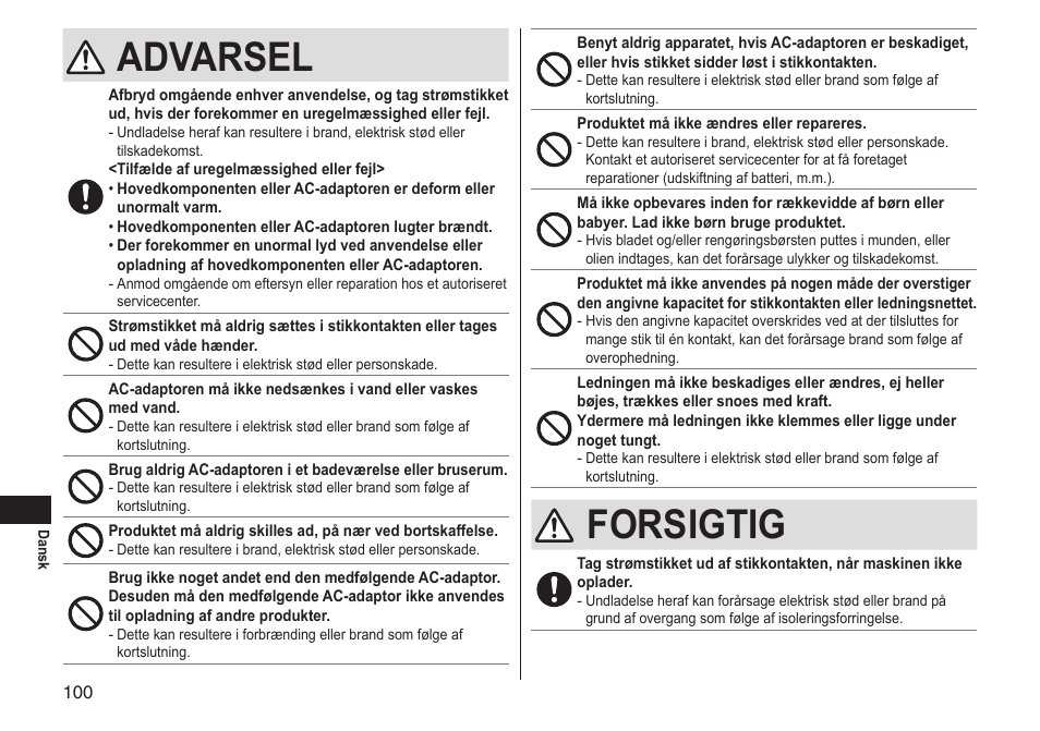 Advarsel, Forsigtig | Panasonic ERGS60 User Manual | Page 100 / 256