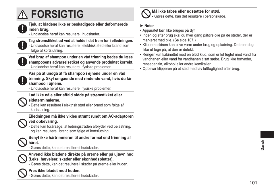 Forsigtig | Panasonic ERGS60 User Manual | Page 101 / 256