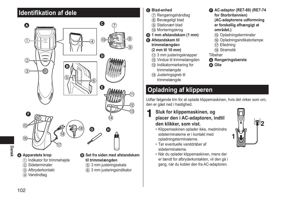 Identifikation af dele, Opladning af klipperen | Panasonic ERGS60 User Manual | Page 102 / 256