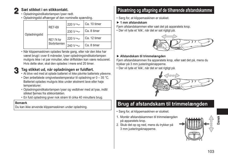 Brug af afstandskam til trimmelængden | Panasonic ERGS60 User Manual | Page 103 / 256