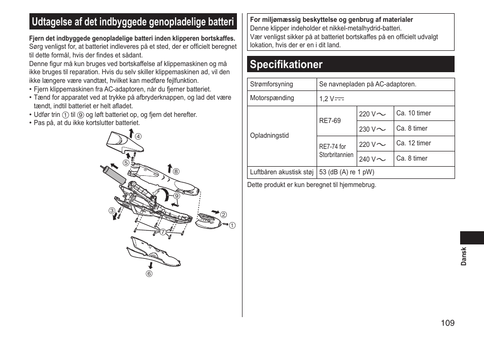 Udtagelse af det indbyggede genopladelige batteri, Specifikationer | Panasonic ERGS60 User Manual | Page 109 / 256