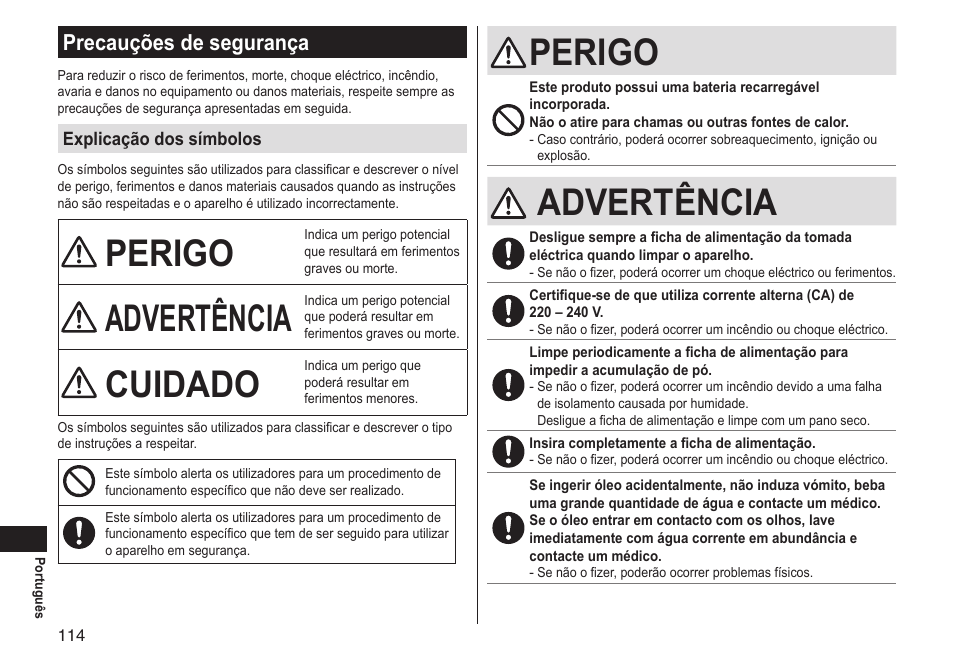 Perigo, Advertência, Cuidado | Precauções de segurança | Panasonic ERGS60 User Manual | Page 114 / 256