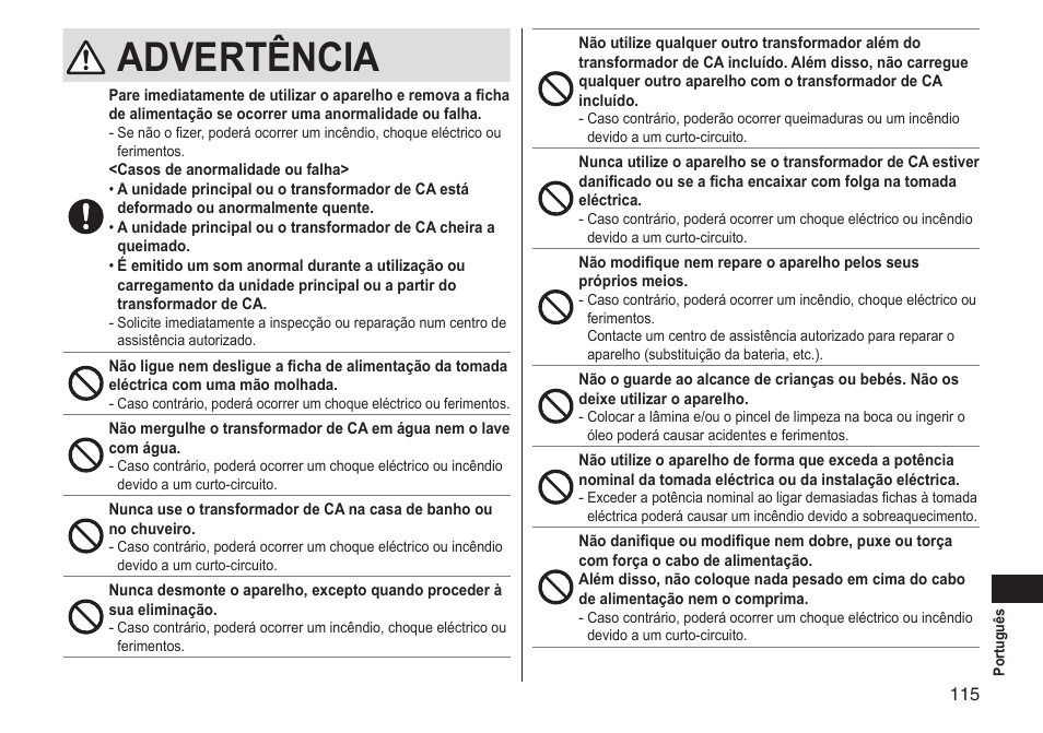 Advertência | Panasonic ERGS60 User Manual | Page 115 / 256