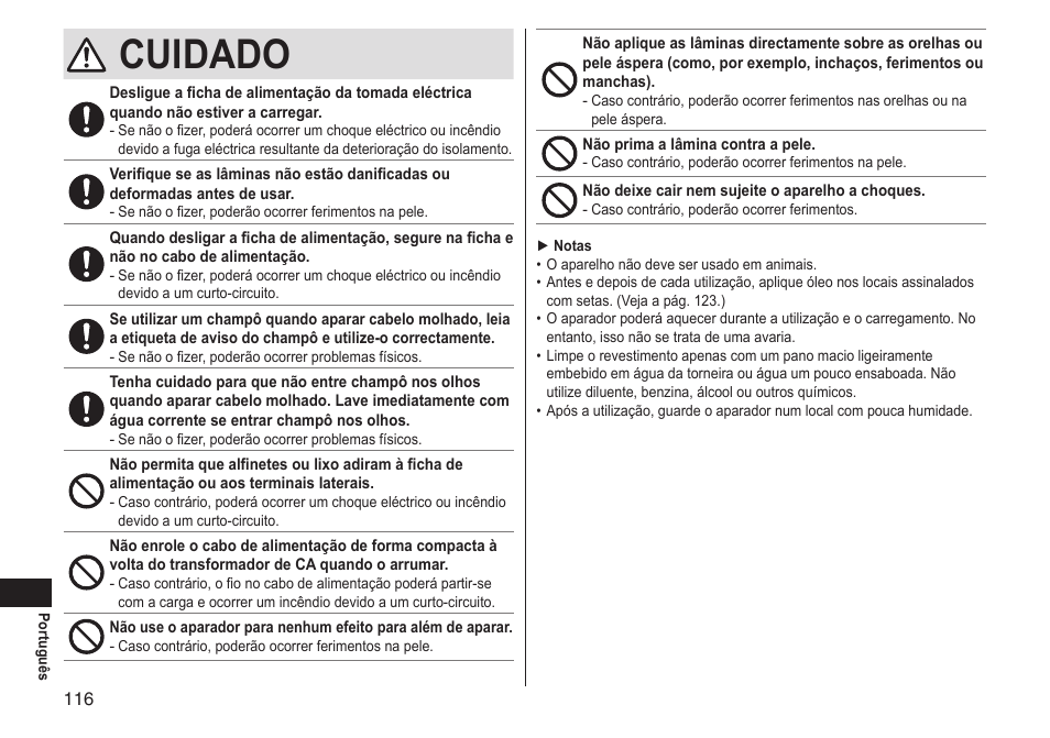 Cuidado | Panasonic ERGS60 User Manual | Page 116 / 256