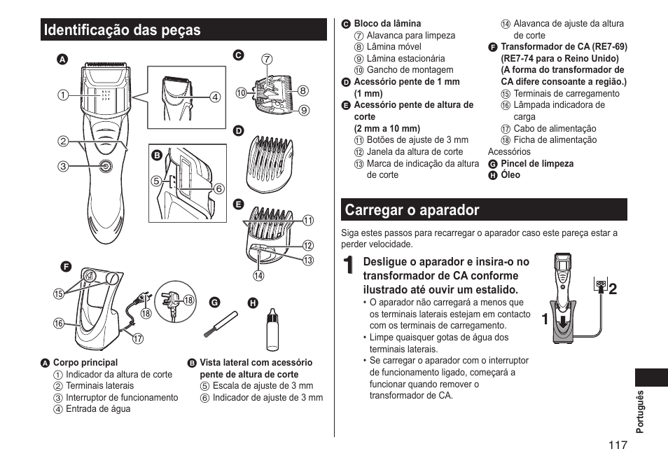 Identificação das peças, Carregar o aparador | Panasonic ERGS60 User Manual | Page 117 / 256