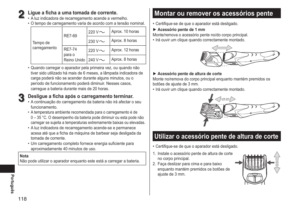 Montar ou remover os acessórios pente, Utilizar o acessório pente de altura de corte | Panasonic ERGS60 User Manual | Page 118 / 256